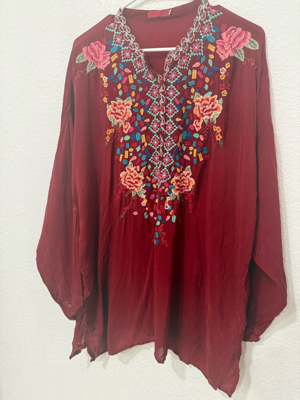 Johnny Was Burgundy Embroidered Floral V-Neck Tunic